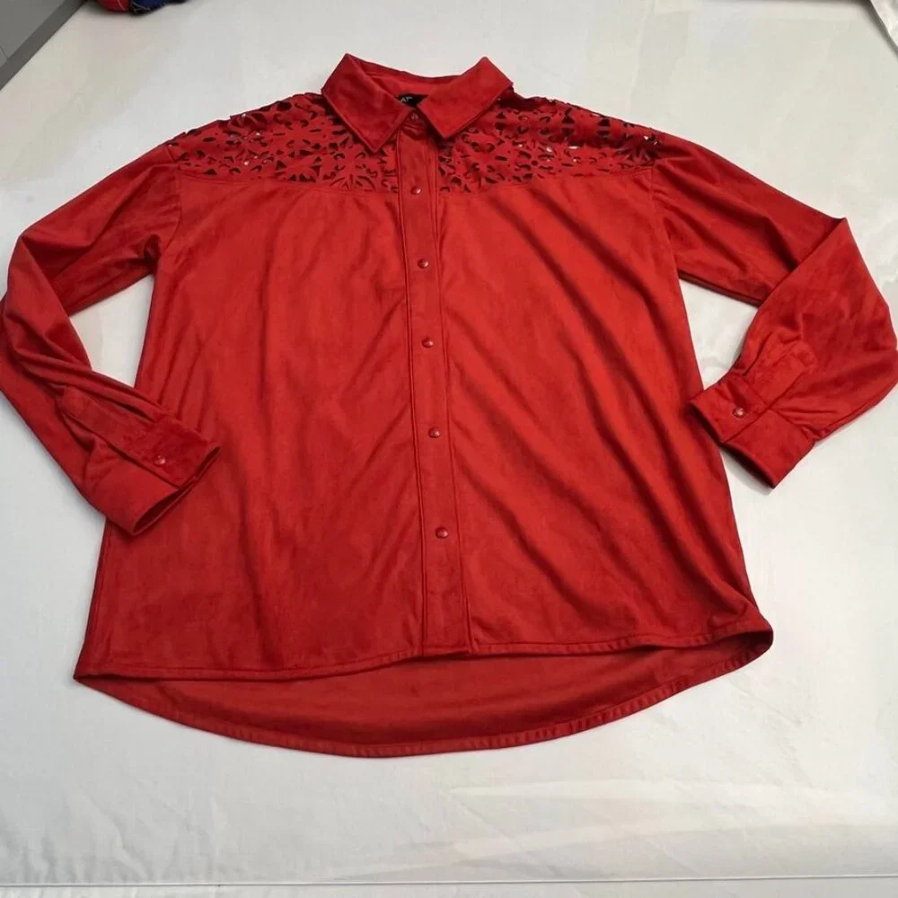 Attitudes by Renée Faux Suede Laser Cut Button Front Shirt Jacket Red Small